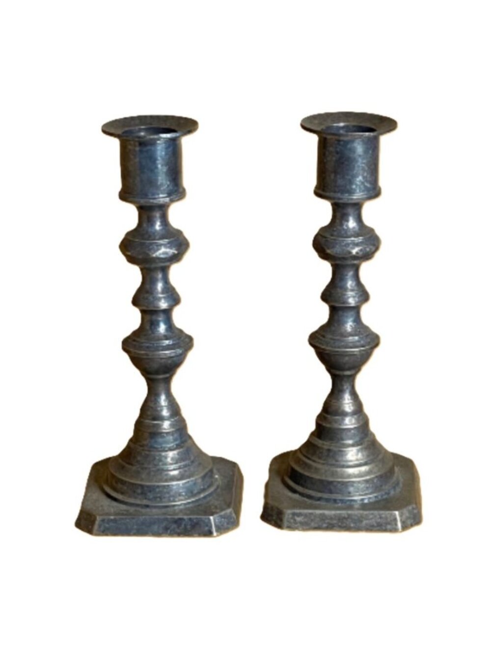 Vintage Pair of Unmarked Pewter Candlestick Holders 6.5" Colonial Baluster Style